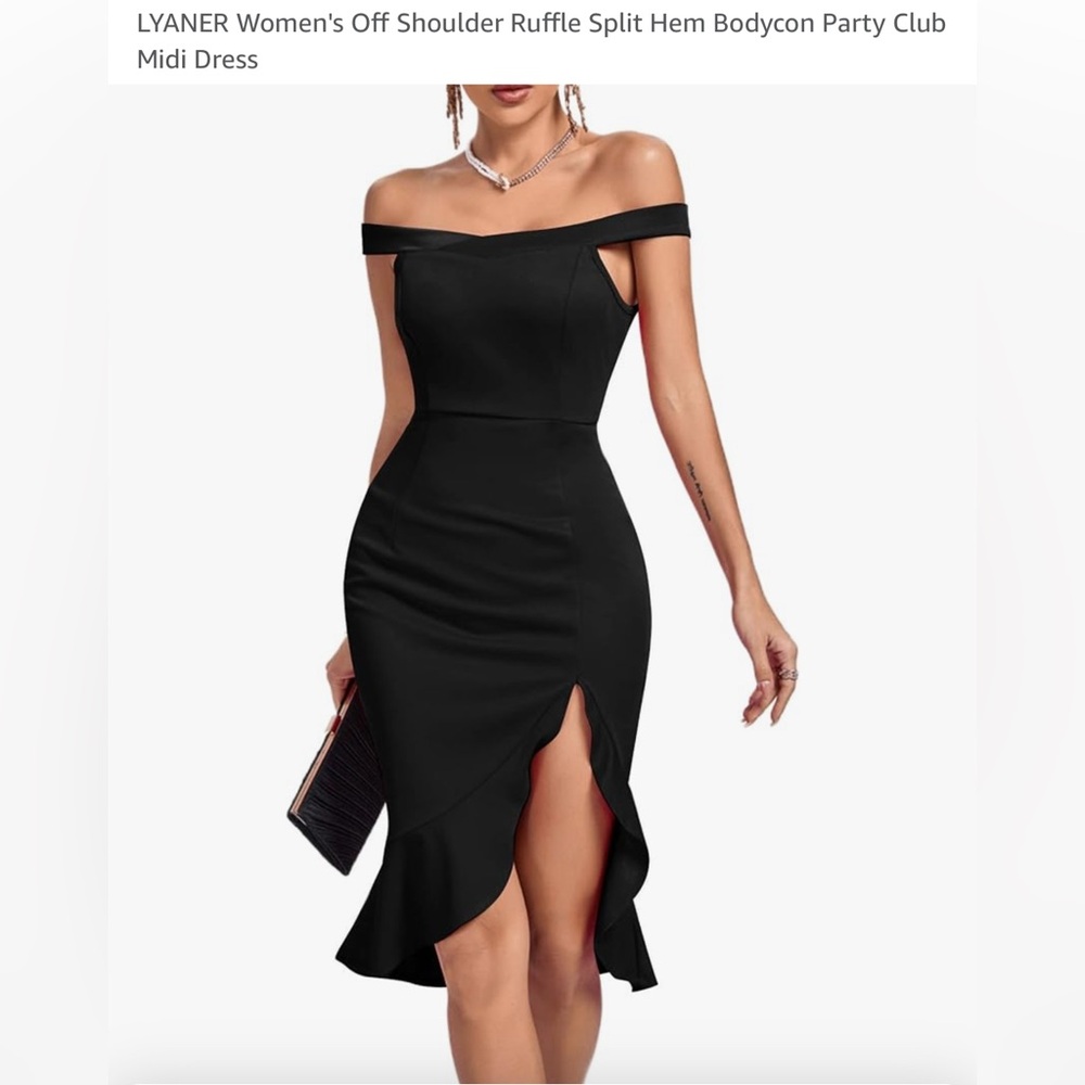 LYANER Women's Off Shoulder Ruffle Split Hem Bodycon Party Club Midi Dress